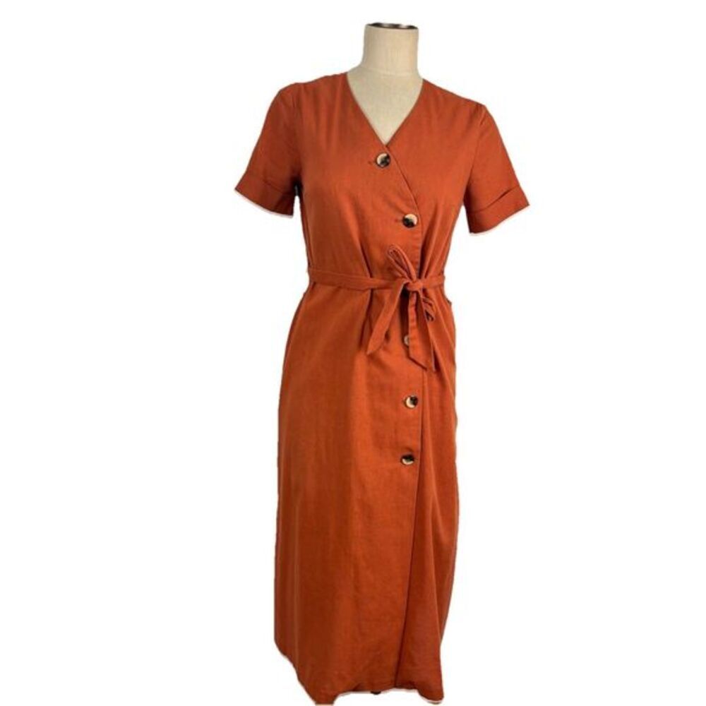 Only Short Sleeve Button Front Womens Midi Dress Tie Waist 38 / US 8 Rust Orange